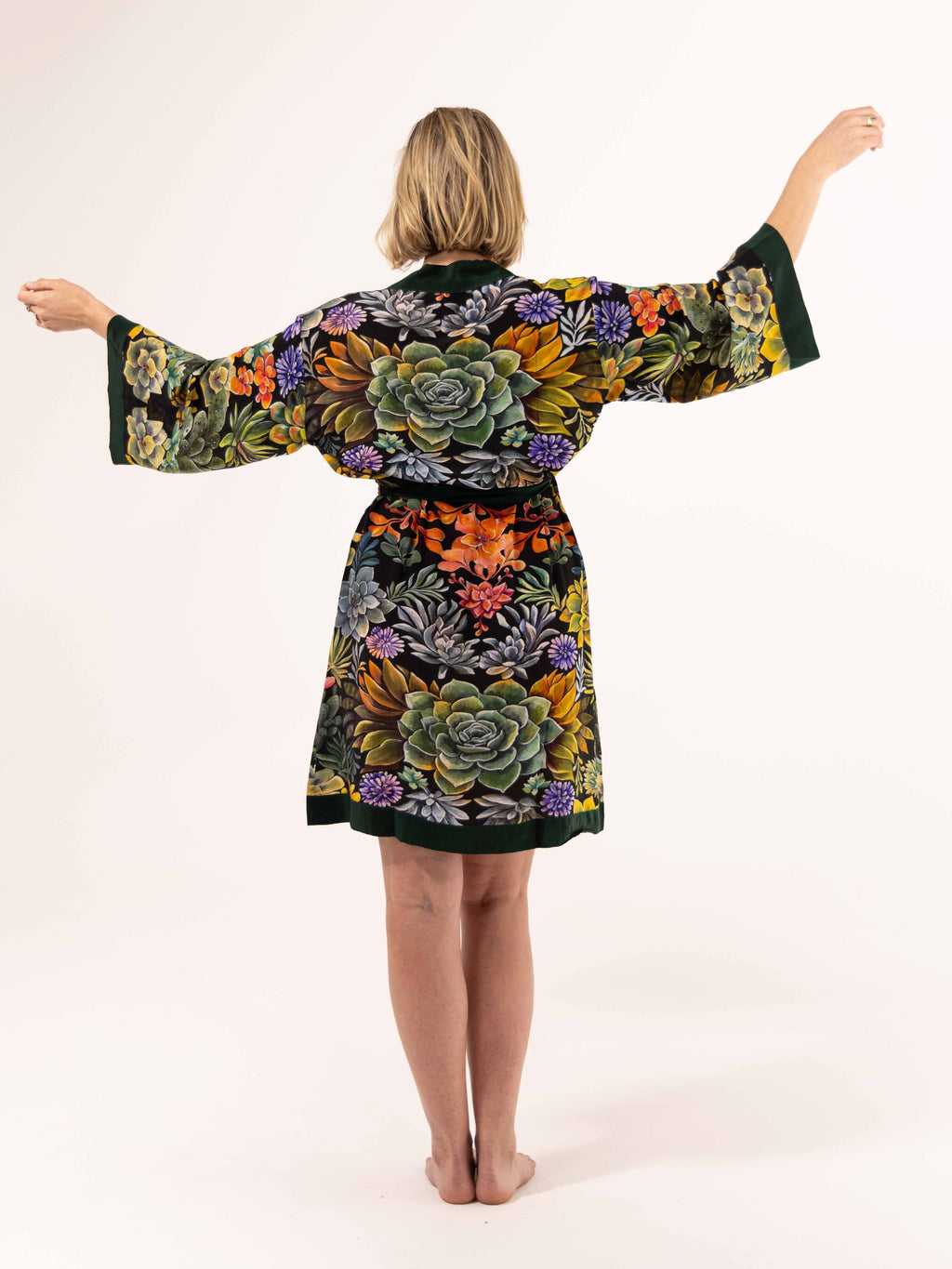 ALL•PORT silk robe in Succulent Symphony print by Lara Allport – back view with arms outstretched showing kimono sleeves