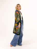 ALL•PORT silk robe in Succulent Symphony print by Lara Allport – worn open as a layer over a white tee and jeans