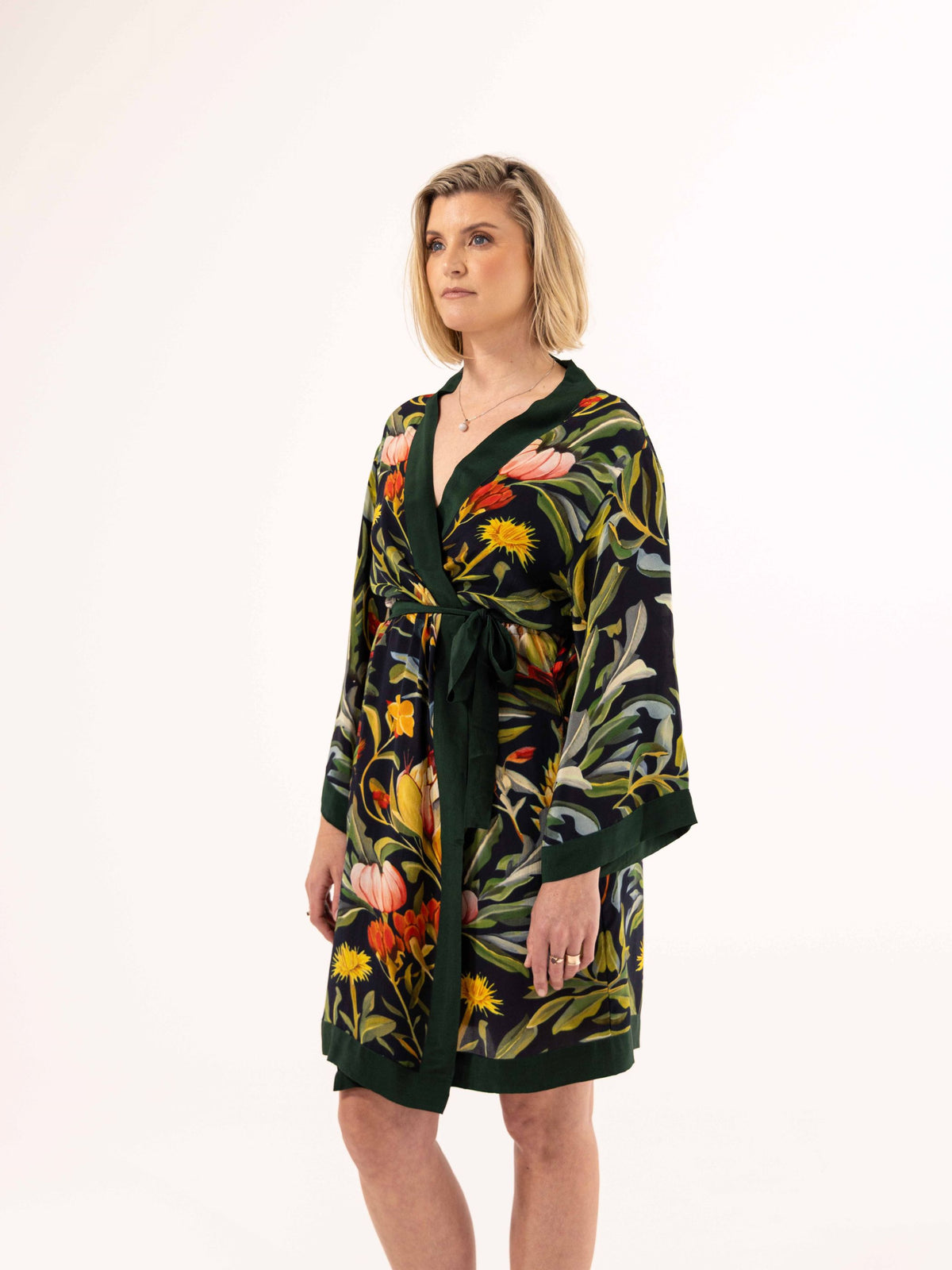 ALL•PORT silk robe in Dandelion Dreams print by Lara Allport – three-quarter view, belted