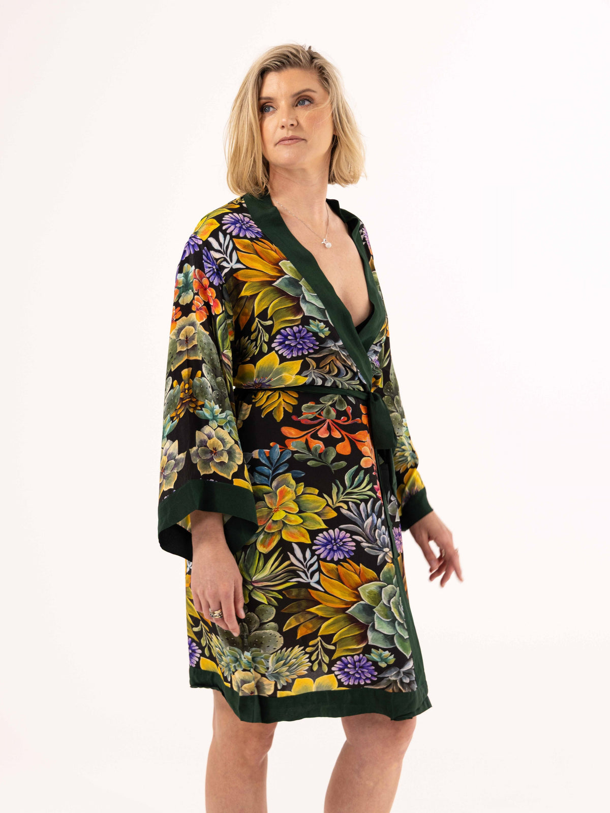 ALL•PORT silk robe in Succulent Symphony print by Lara Allport – front view worn open, sleeves pushed up