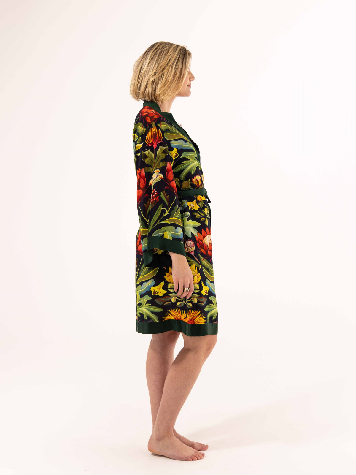 ALL•PORT silk robe in Paradisiacal Protea print by Lara Allport – side profile showing drape of the silk