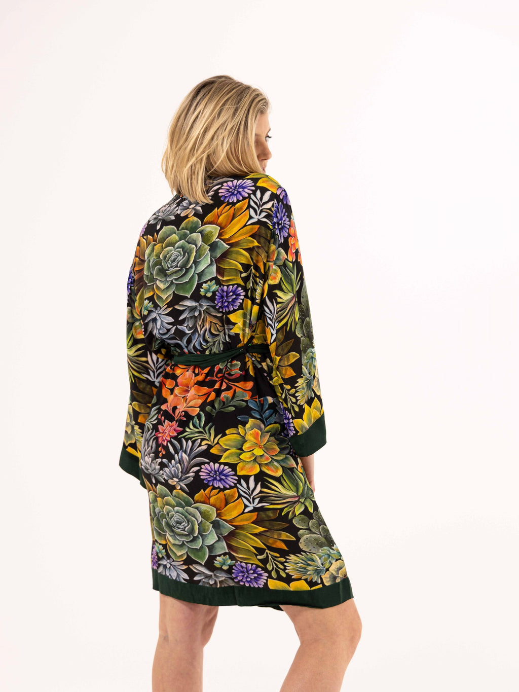ALL•PORT silk robe in Succulent Symphony print by Lara Allport – back view showing the full botanical print