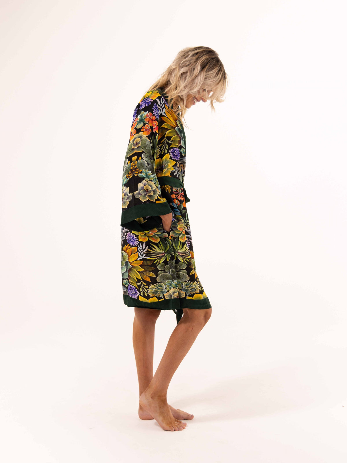 ALL•PORT silk robe in Succulent Symphony print by Lara Allport – side profile showing drape of the silk