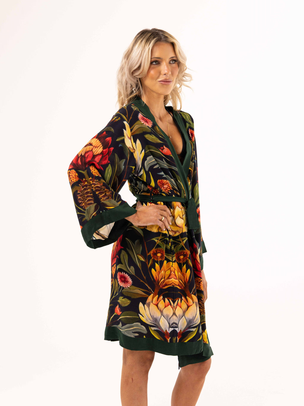 ALL•PORT silk robe in Artichoke Agape print by Lara Allport – three-quarter view, belted, hand on hip