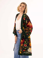 ALL•PORT silk robe in Artichoke Agape print by Lara Allport – worn open over a white singlet and jeans, three-quarter view