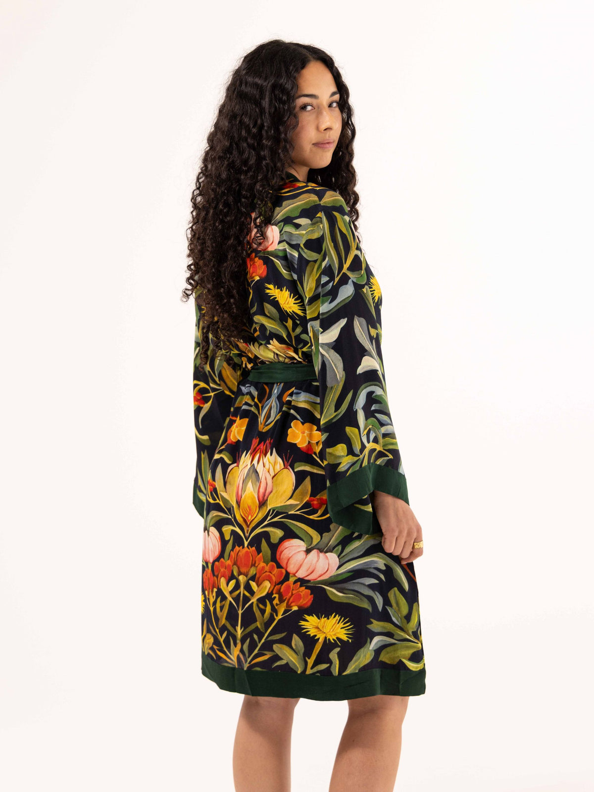 ALL•PORT silk robe in Dandelion Dreams print by Lara Allport – side profile showing drape of the silk