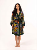 ALL•PORT silk robe in Succulent Symphony print by Lara Allport – front view, tied at the waist, knee length with dark green trim