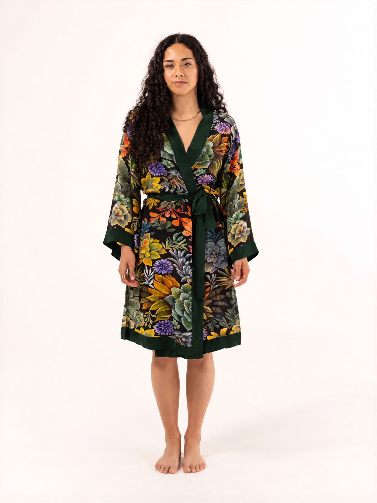 ALL•PORT silk robe in Succulent Symphony print by Lara Allport – front view, tied at the waist, knee length with dark green trim