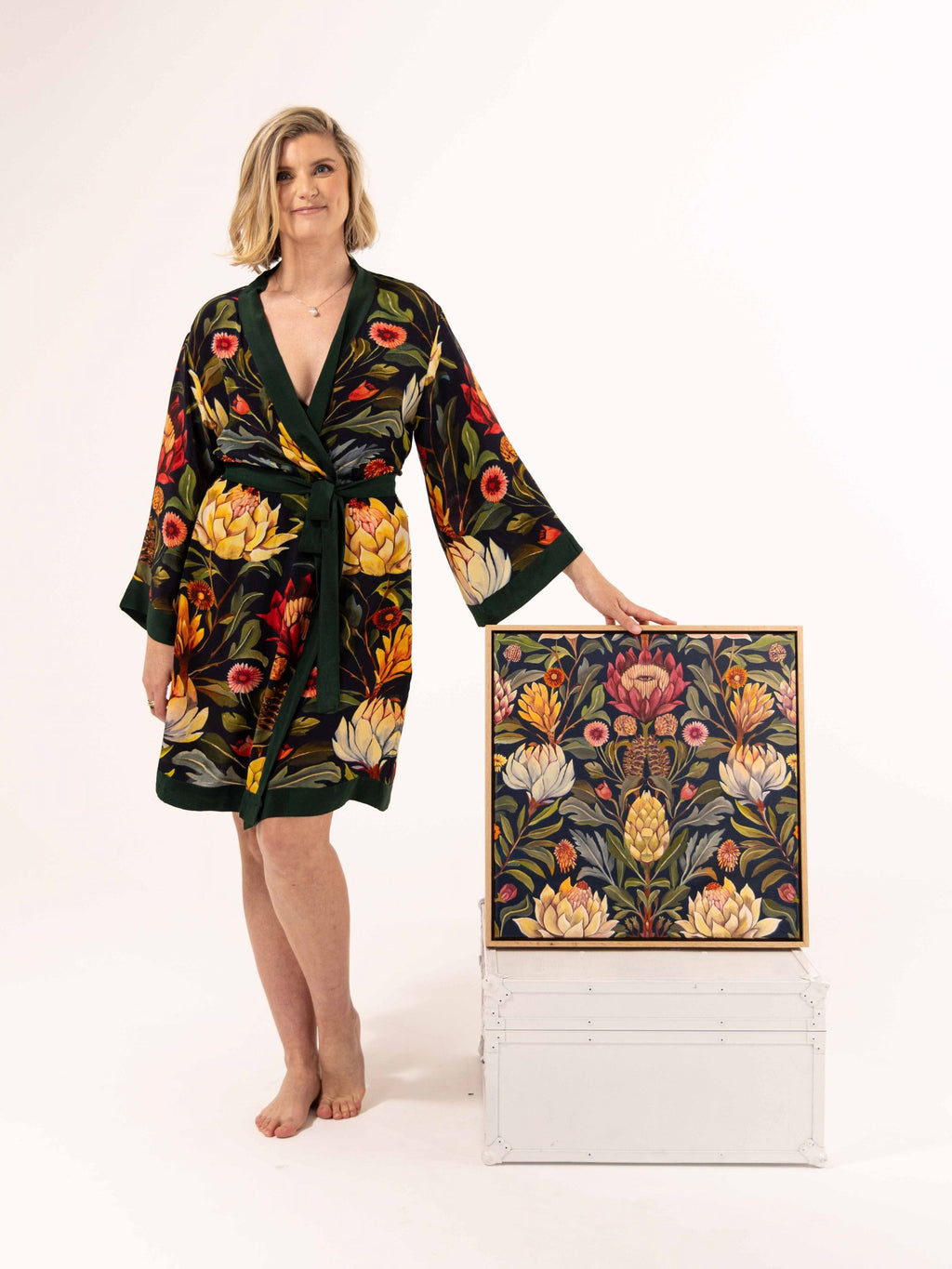 ALL•PORT silk robe in Dandelion Dreams print by Lara Allport – front view standing beside the original Dandelion Dreams painting
