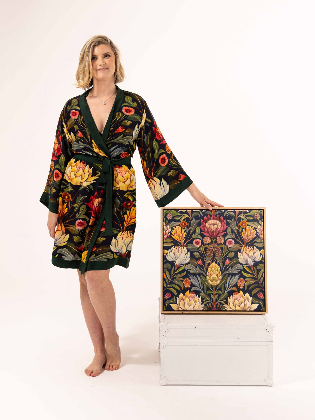 ALL•PORT silk robe in Dandelion Dreams print by Lara Allport – front view standing beside the original Dandelion Dreams painting