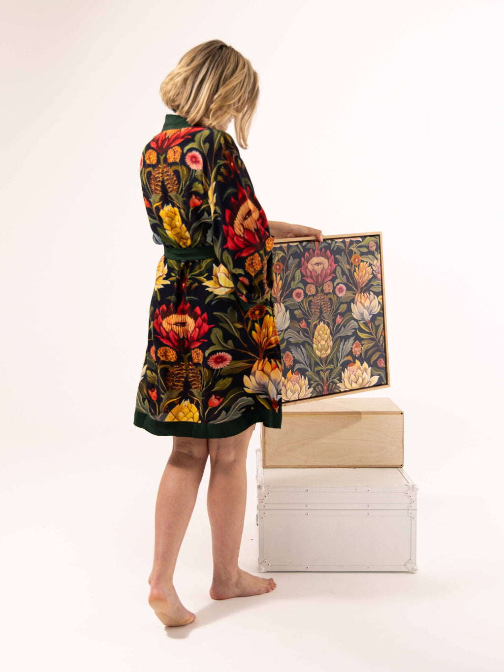 ALL•PORT silk robe in Artichoke Agape print by Lara Allport – back view beside the original Artichoke Agape painting