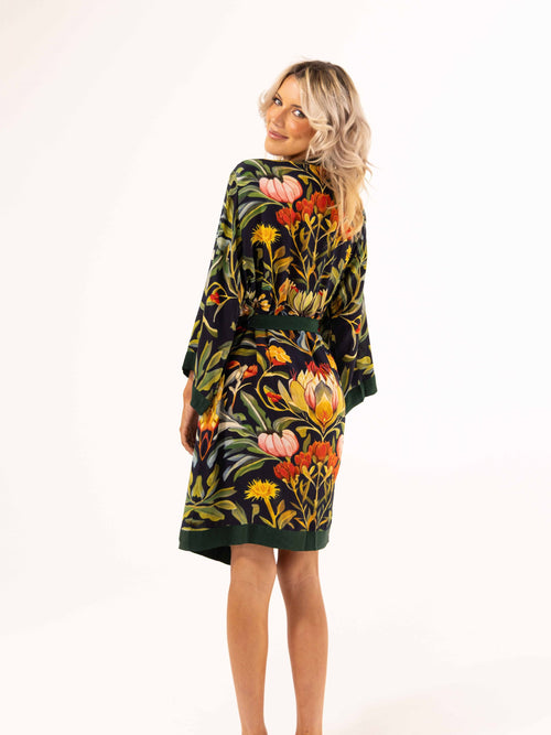 ALL•PORT silk robe in Dandelion Dreams print by Lara Allport – back view showing the full dandelion and protea print