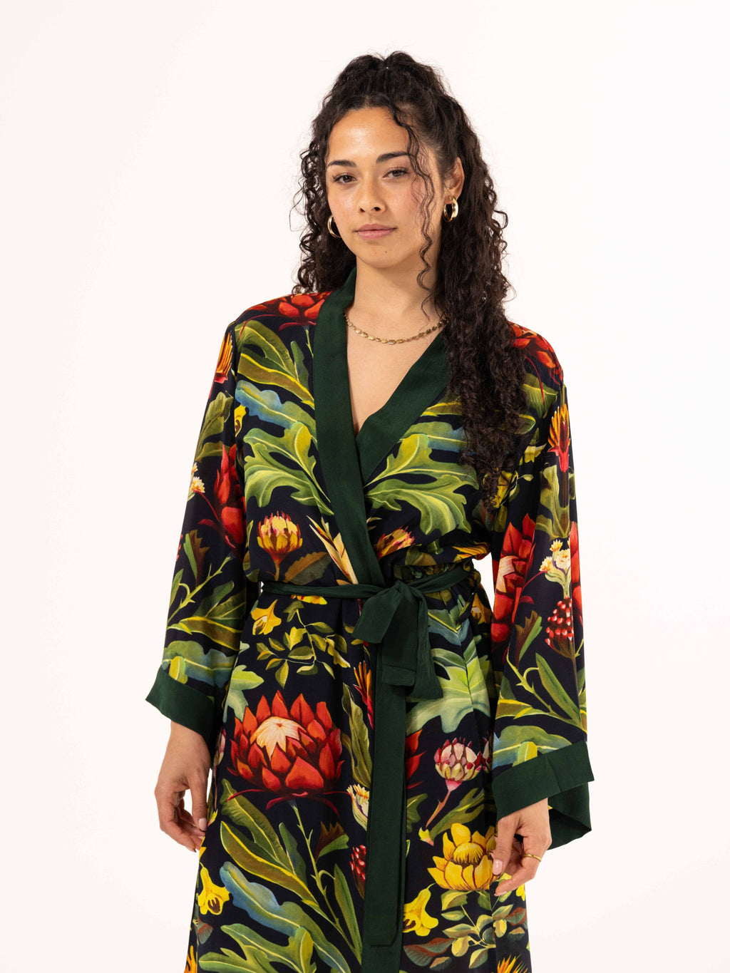 ALL•PORT silk robe in Paradisiacal Protea print by Lara Allport – front view close-up, belted