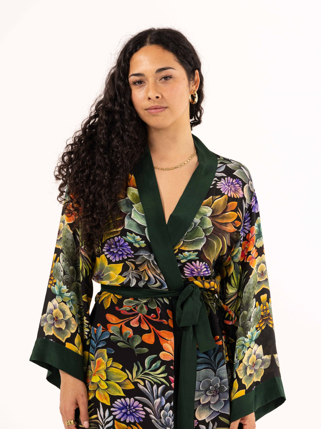ALL•PORT silk robe in Succulent Symphony print by Lara Allport – close-up of the front, green border and silk self-tie belt