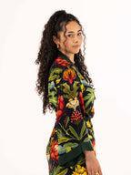 ALL•PORT silk robe in Paradisiacal Protea print by Lara Allport – three-quarter view showing wide kimono sleeve