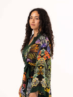 ALL•PORT silk robe in Succulent Symphony print by Lara Allport – three-quarter view showing wide kimono sleeve and tie belt