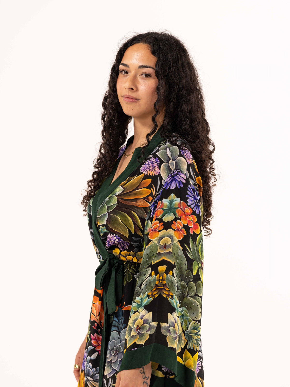 ALL•PORT silk robe in Succulent Symphony print by Lara Allport – three-quarter view showing wide kimono sleeve and tie belt