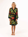 ALL•PORT silk robe in Paradisiacal Protea print by Lara Allport – front view, tied at the waist, knee length with dark green trim